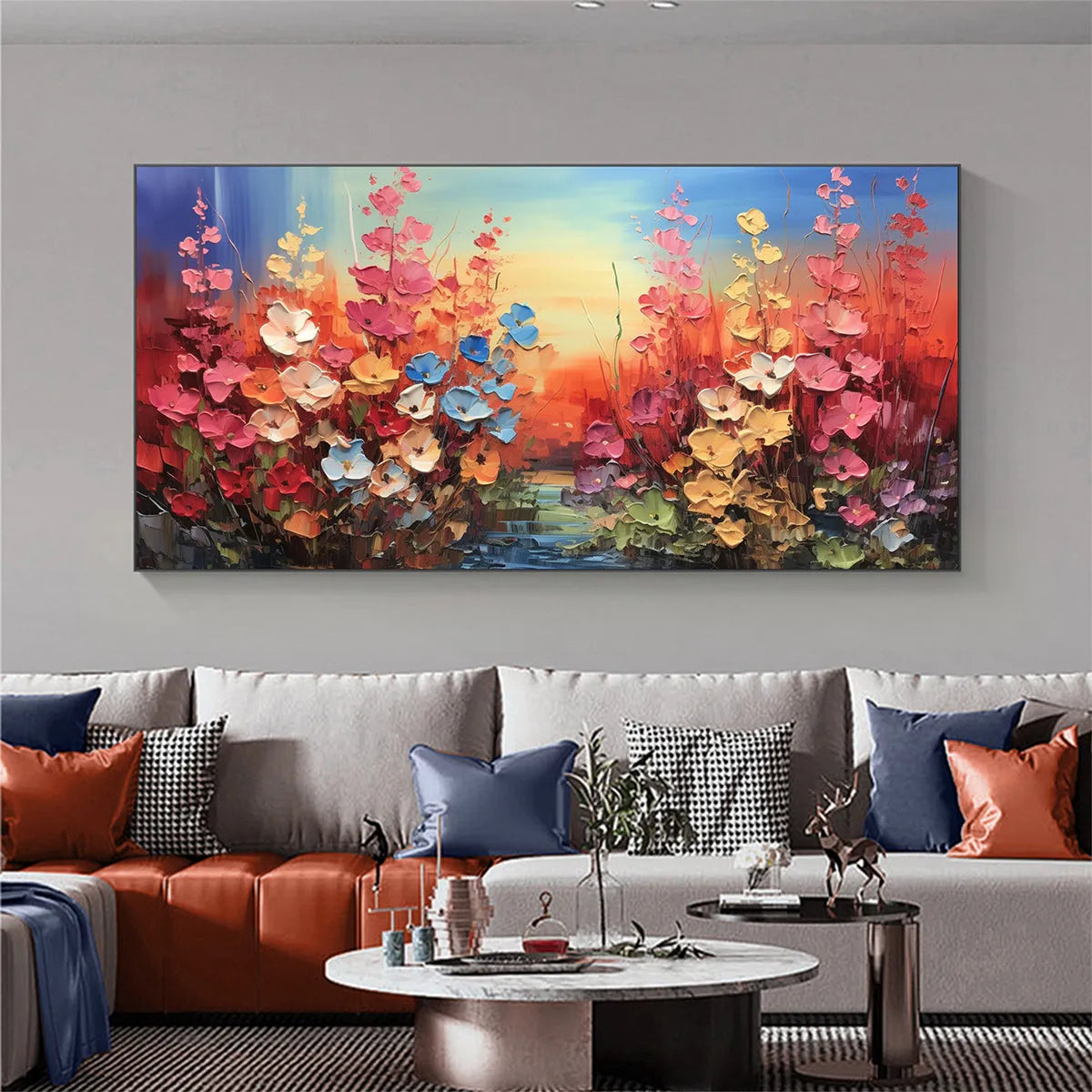 Blooming Meadow: Panoramic Floral Landscape Painting | Impasto Flowers | Colorful | Living Room, Bedroom, Dining Room