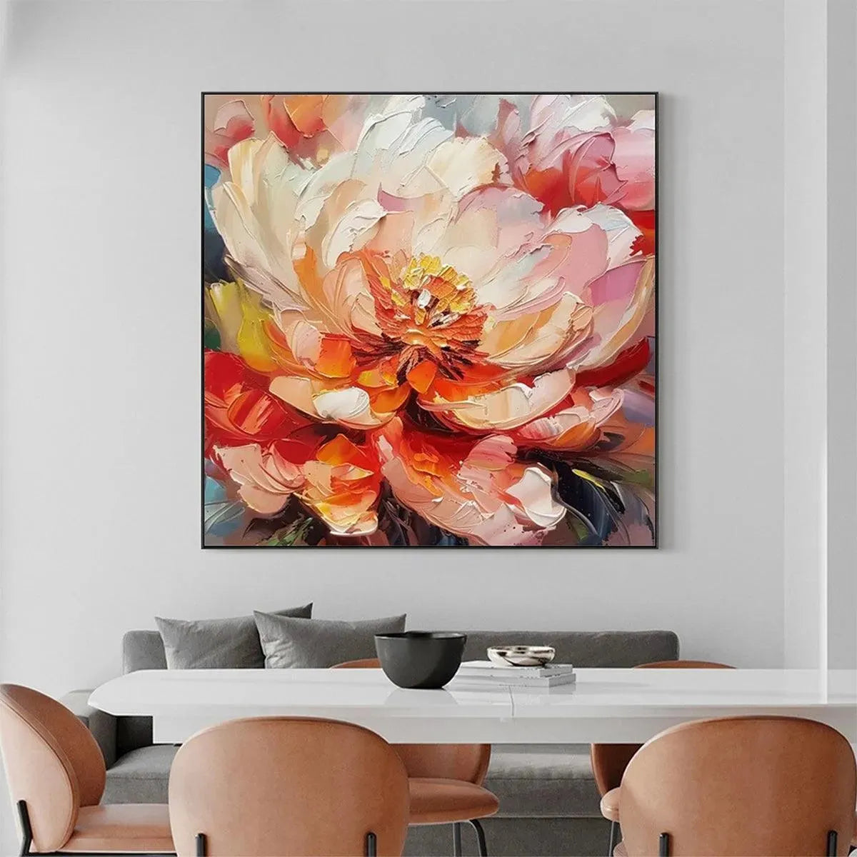 Textured impasto painting of a pink and orange peony, "BLOOMING PEONY" by Isabella Rossi, displayed in a dining room setting.