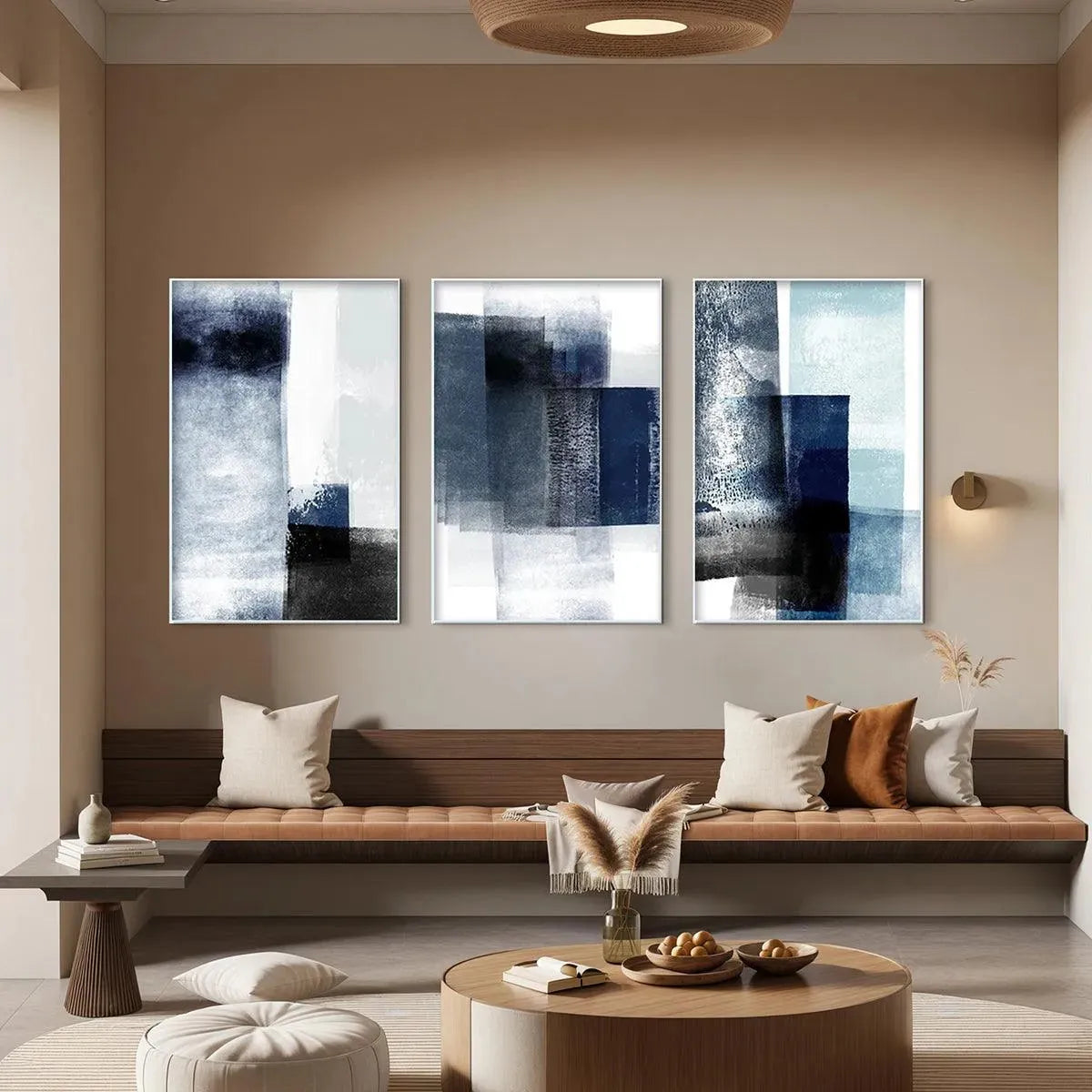 Blue abstract triptych painting set, vertical navy, gray, white, textured blocks