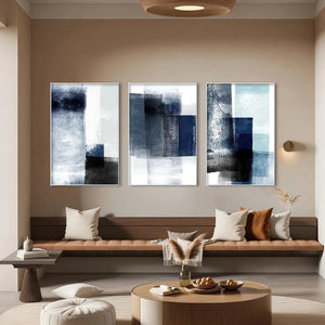 Set of 3 vertical blue abstract paintings with textured brushstrokes and layered blocks of navy, gray, and white.