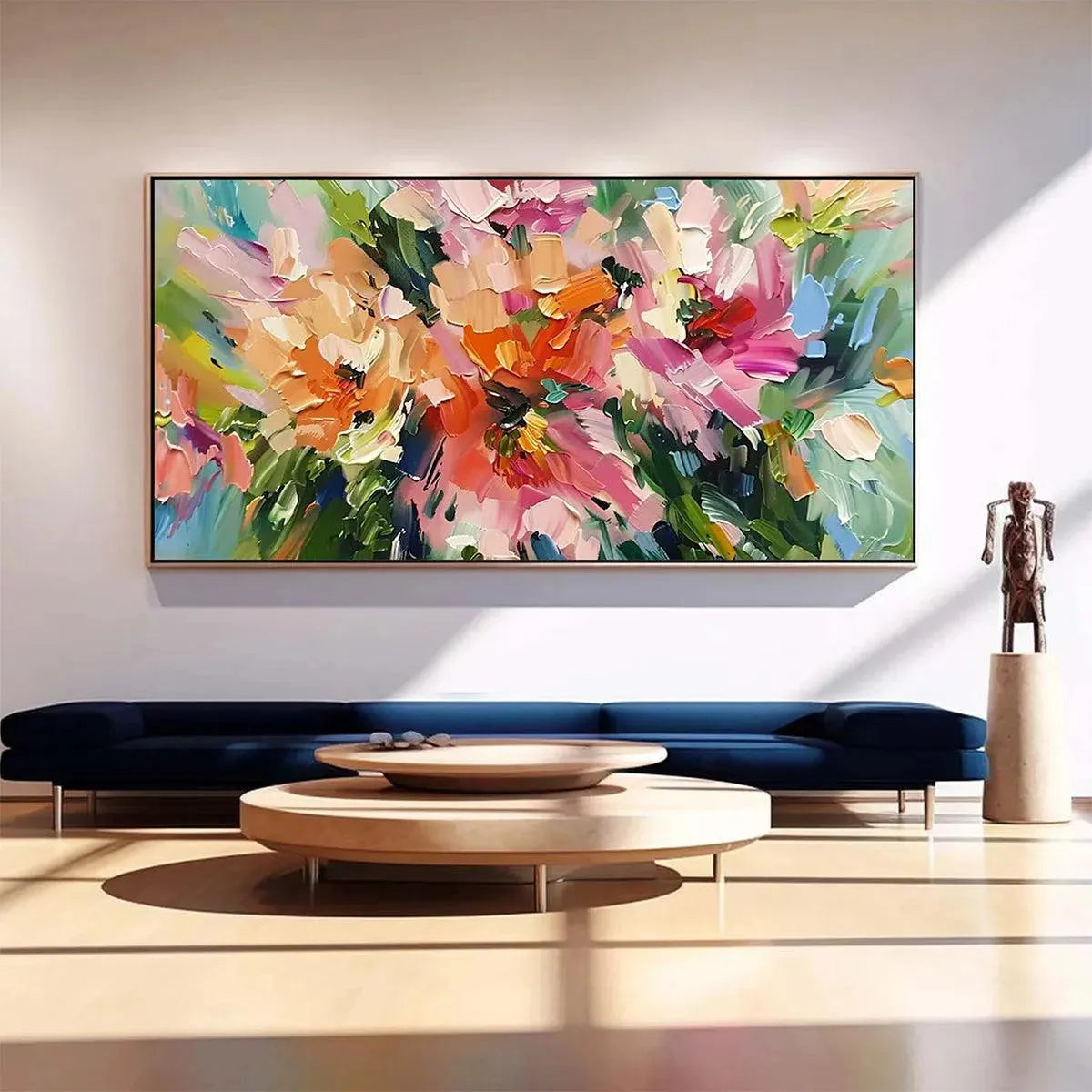 Blushing Blooms textured impasto floral painting by Elodie Dubois, pink & orange, above navy sofa in modern living room.