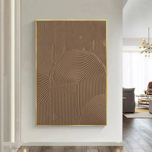 Javier Ramirez Brown Textured Arch painting, textured brown arches, gold frame, abstract artwork.
