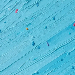 Original blue textured impasto abstract wall art with colorful dots.