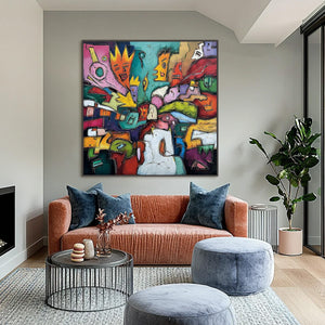 CARNIVAL OF KINGS: Vibrant Square Abstract Figurative Painting
