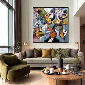CARNIVAL OF SOULS: Large Colorful Abstract Faces Oil Painting