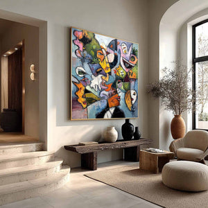 CARNIVAL OF SOULS: Large Colorful Abstract Faces Oil Painting