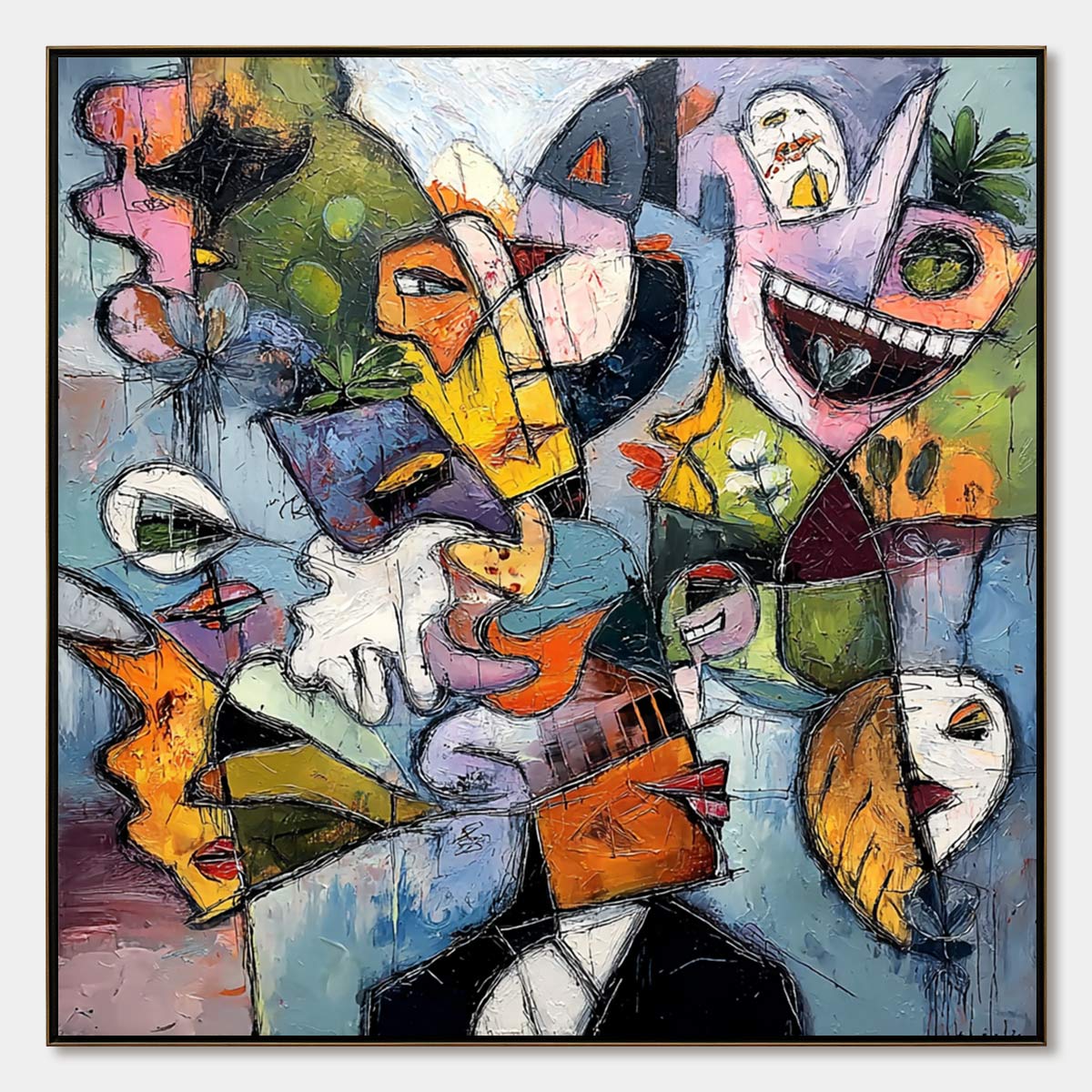 CARNIVAL OF SOULS: Colorful Abstract Faces Square Oil Painting