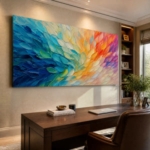 Colorful wing abstract painting above modern office desk, layered feather-like texture.