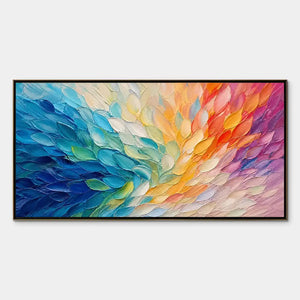Colorful wing abstract painting with layered feather textures, blue to pink gradient