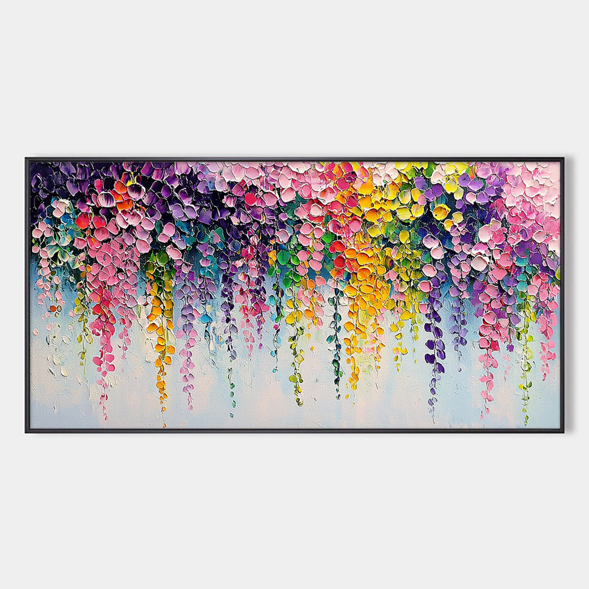 Cascade of Color: Original Impasto Floral Oil Painting - Panoramic Colorful Wall Art