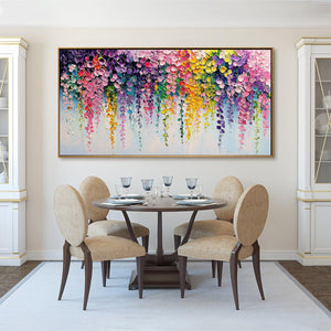 Cascade of Color: Original Impasto Floral Oil Painting - Panoramic Colorful Wall Art
