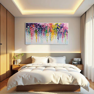 Cascade of Color: Original Impasto Floral Oil Painting - Panoramic Colorful Wall Art