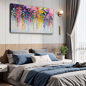 Cascade of Color: Original Impasto Floral Oil Painting - Panoramic Colorful Wall Art
