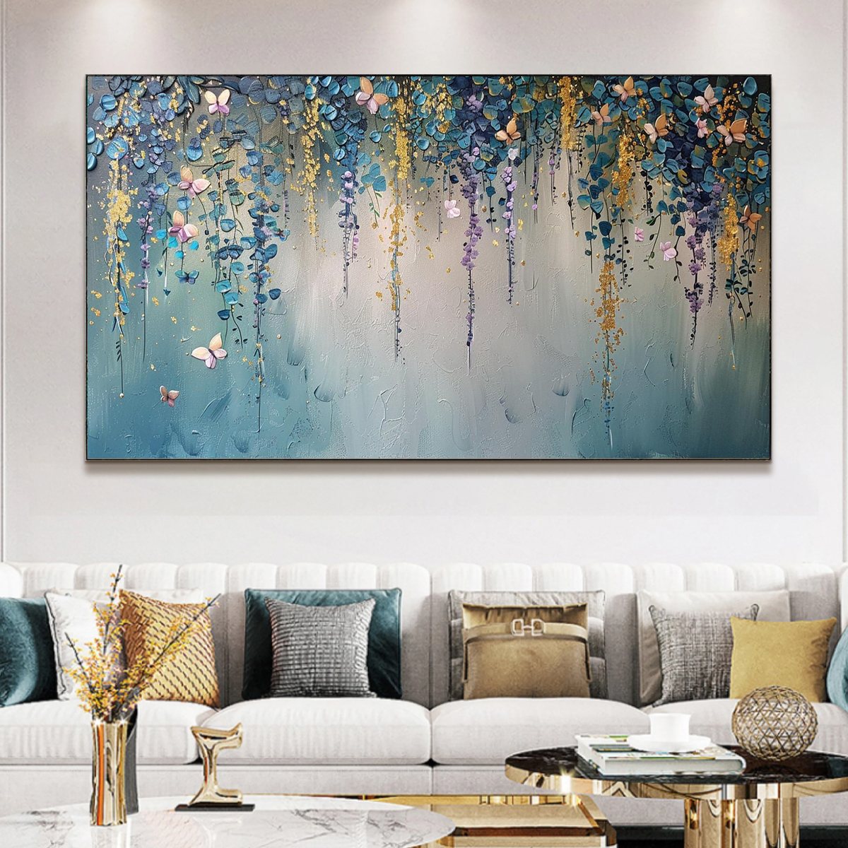 Cascade: Original Panoramic Floral Oil Painting - Butterfly Wall Art Decor