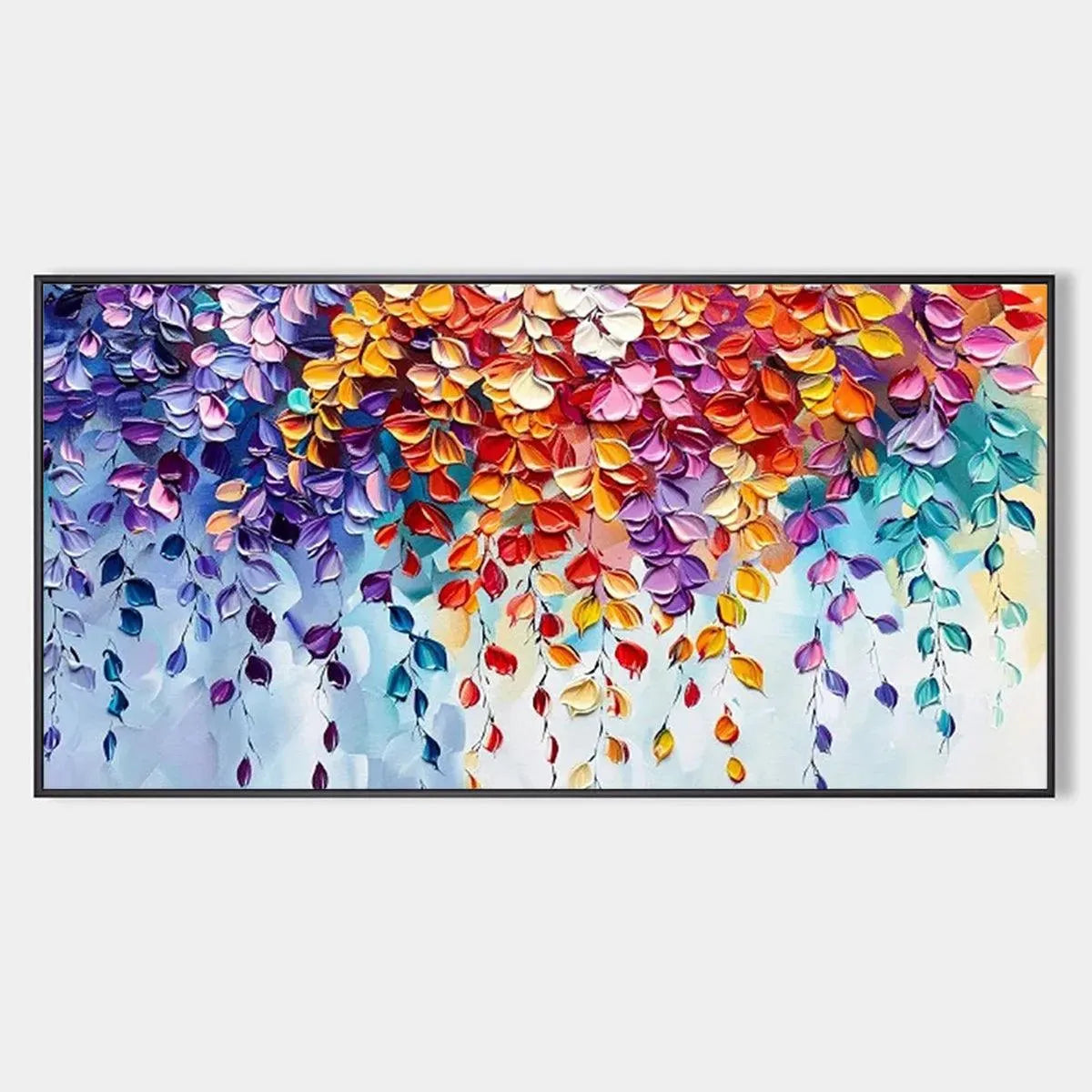 Cascading Color original textured impasto painting with vibrant cascading leaves in purple, blue, orange & red.