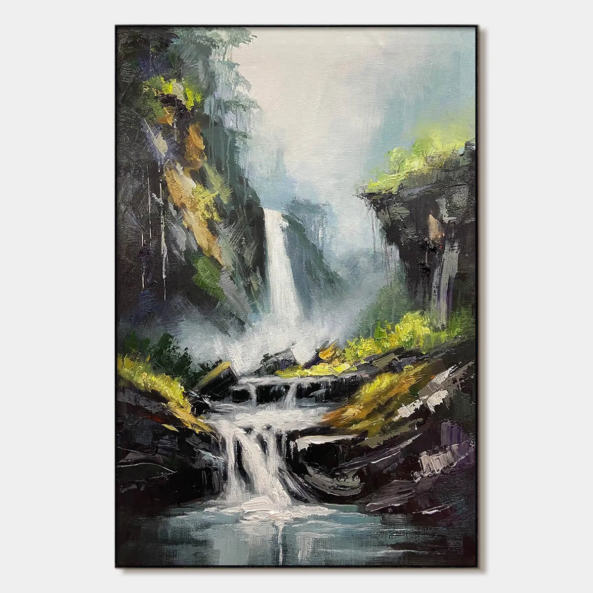 Cascading Mist: Waterfall Landscape Nature Oil Painting Canvas Wall Art Decor