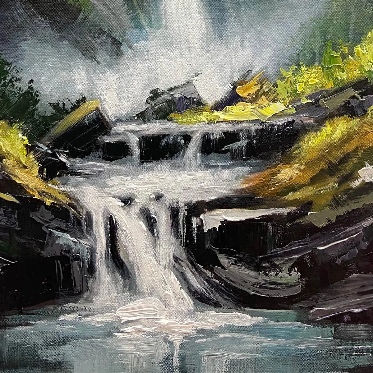 CASCADING MIST: Waterfall Landscape Nature Oil Painting