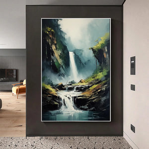 Cascading Mist: Waterfall Landscape Nature Oil Painting Canvas Wall Art Decor