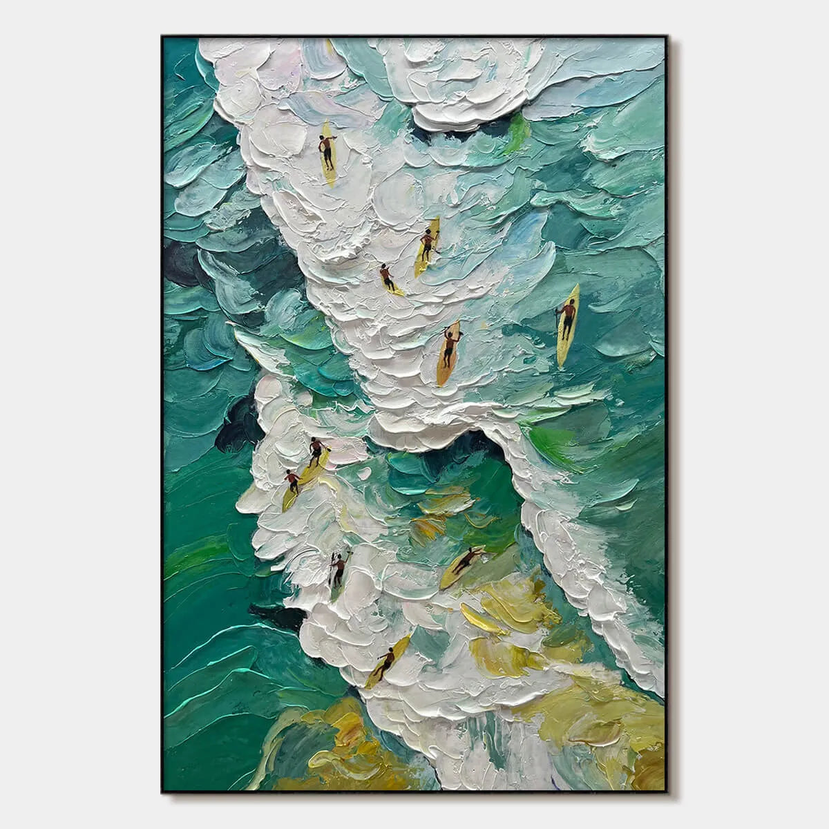 Catching the Wave: Textured Surfers Ocean Scene Impasto Oil Painting Canvas Wall Art