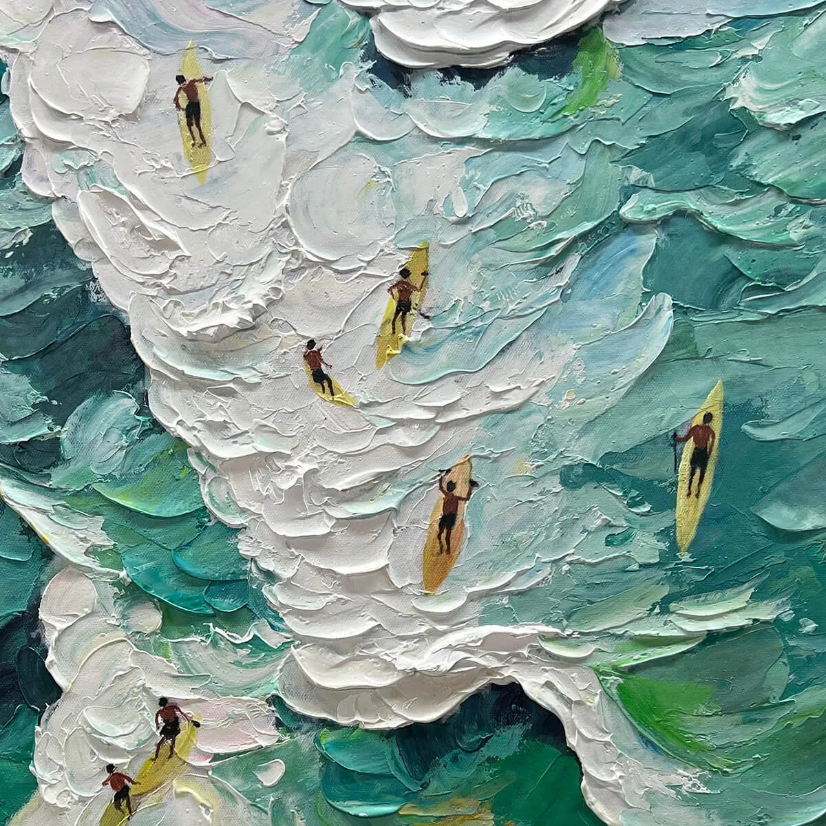 CATCHING THE WAVE: Textured Surfers Ocean Scene Oil Painting