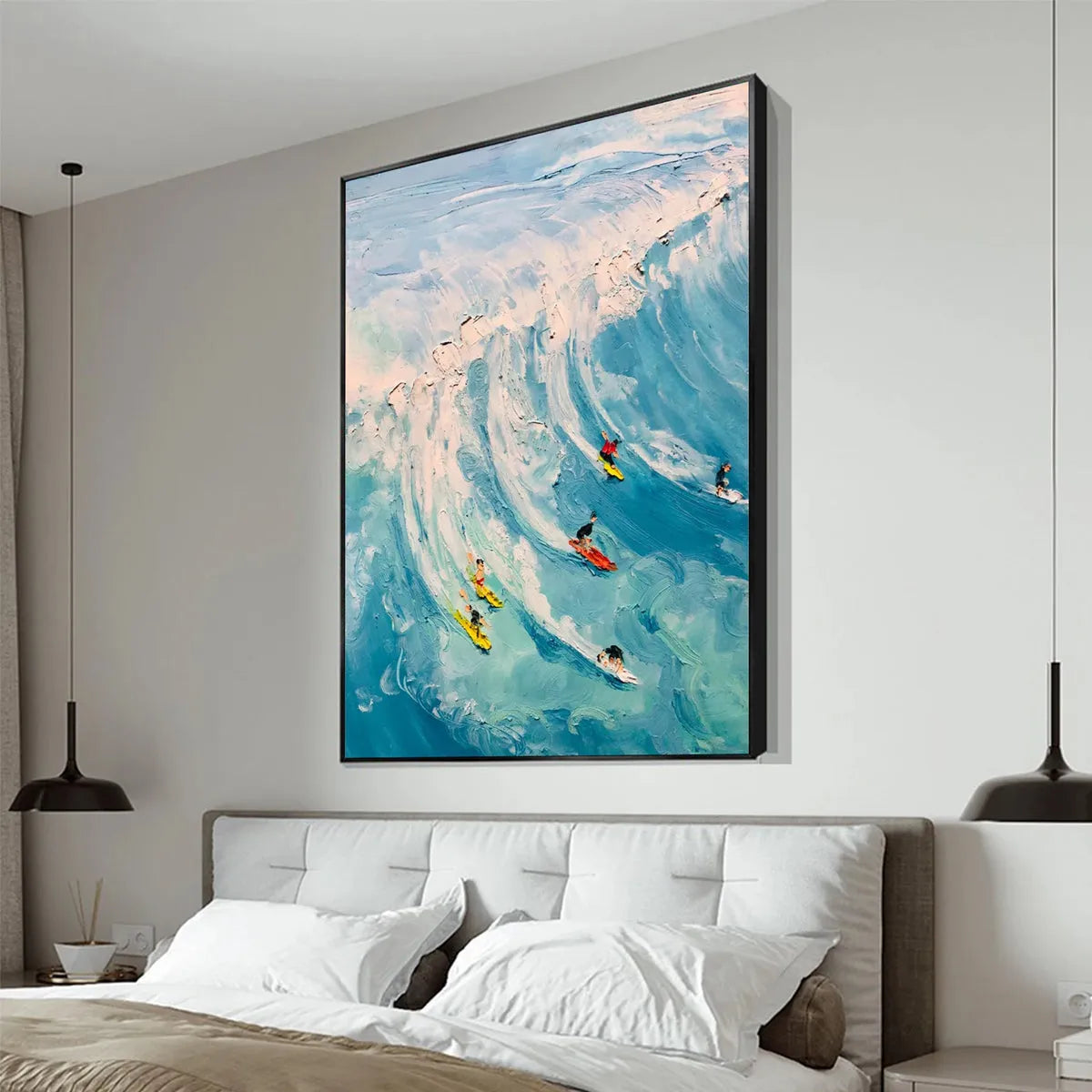 Vertical Ocean Painting of Surfers Riding a Wave