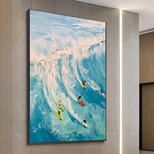 Vertical Ocean Painting of Surfers Riding a Wave