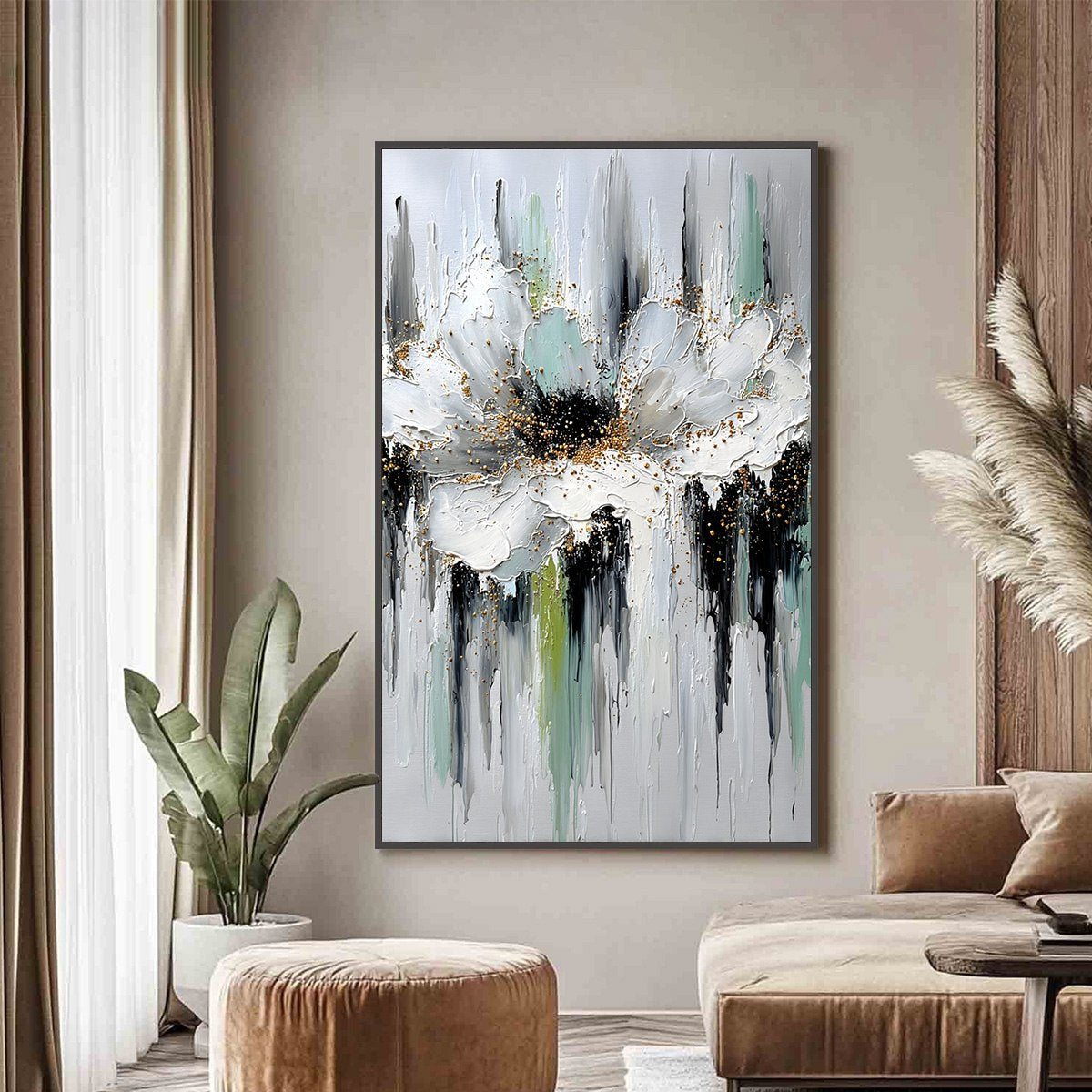 CELESTIAL BLOOM: Heavily Textured Abstract Floral Painting with Golden Accents