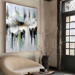 CELESTIAL BLOOM: Heavily Textured Abstract Floral Painting with Golden Accents