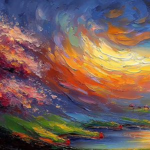 CELESTIAL EMBRACE: Heavily Textured Impasto Landscape Painting of a Vibrant Sunset
