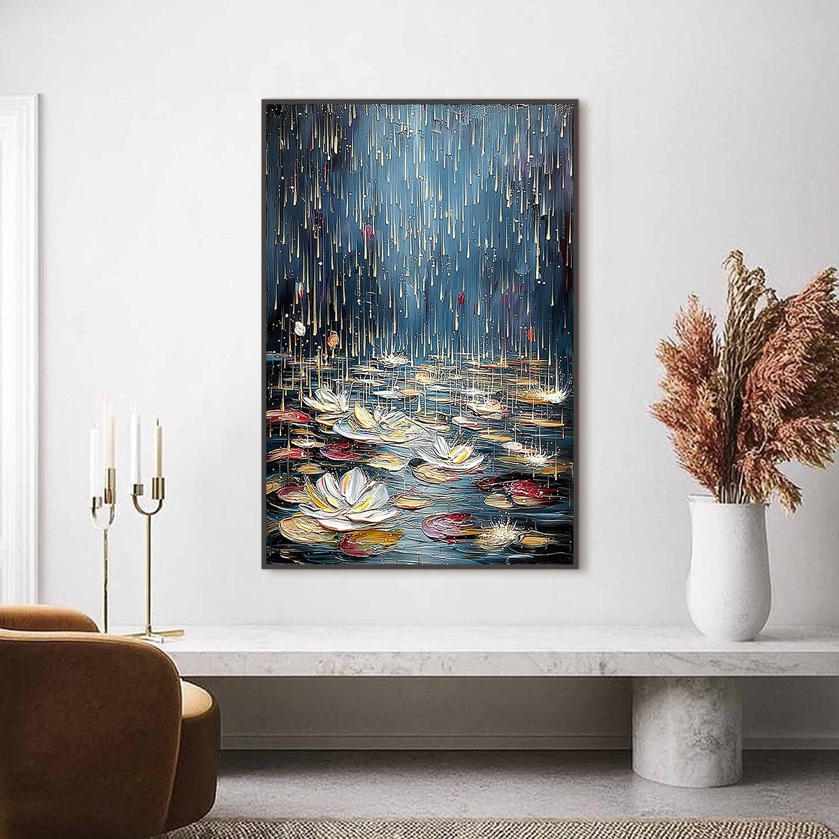 CELESTIAL POND: Textured Impasto Painting of Luminous Water Lilies