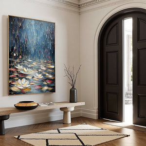CELESTIAL POND: Textured Impasto Painting of Luminous Water Lilies