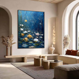 CELESTIAL RAIN: Textured Impasto Painting of Water Lilies in Rain