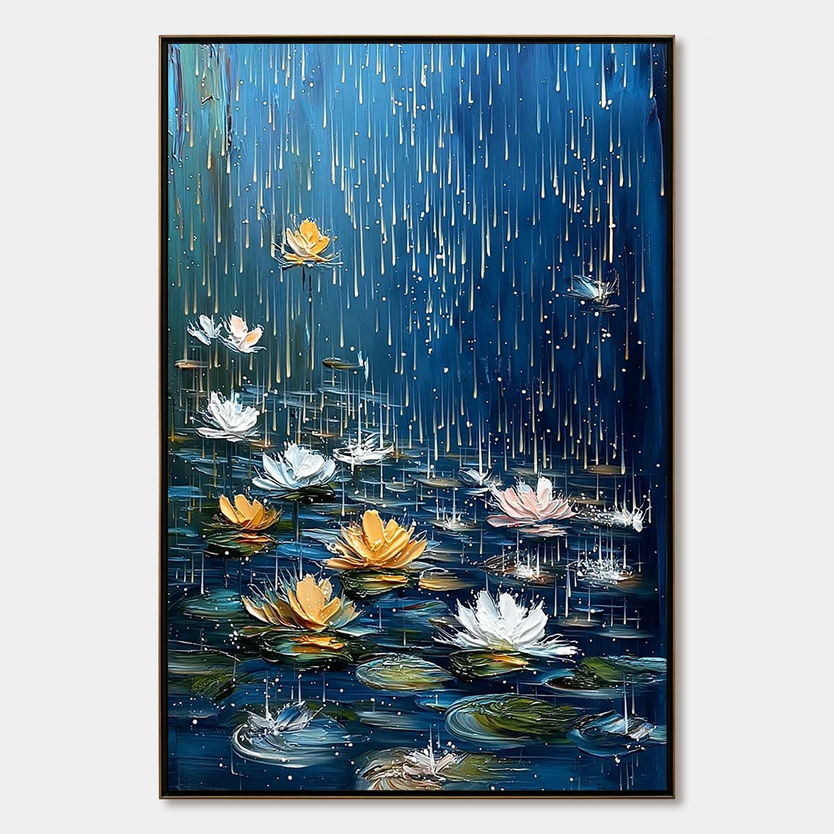 Celestial Rain: Textured Floral Oil Painting of Water Lilies