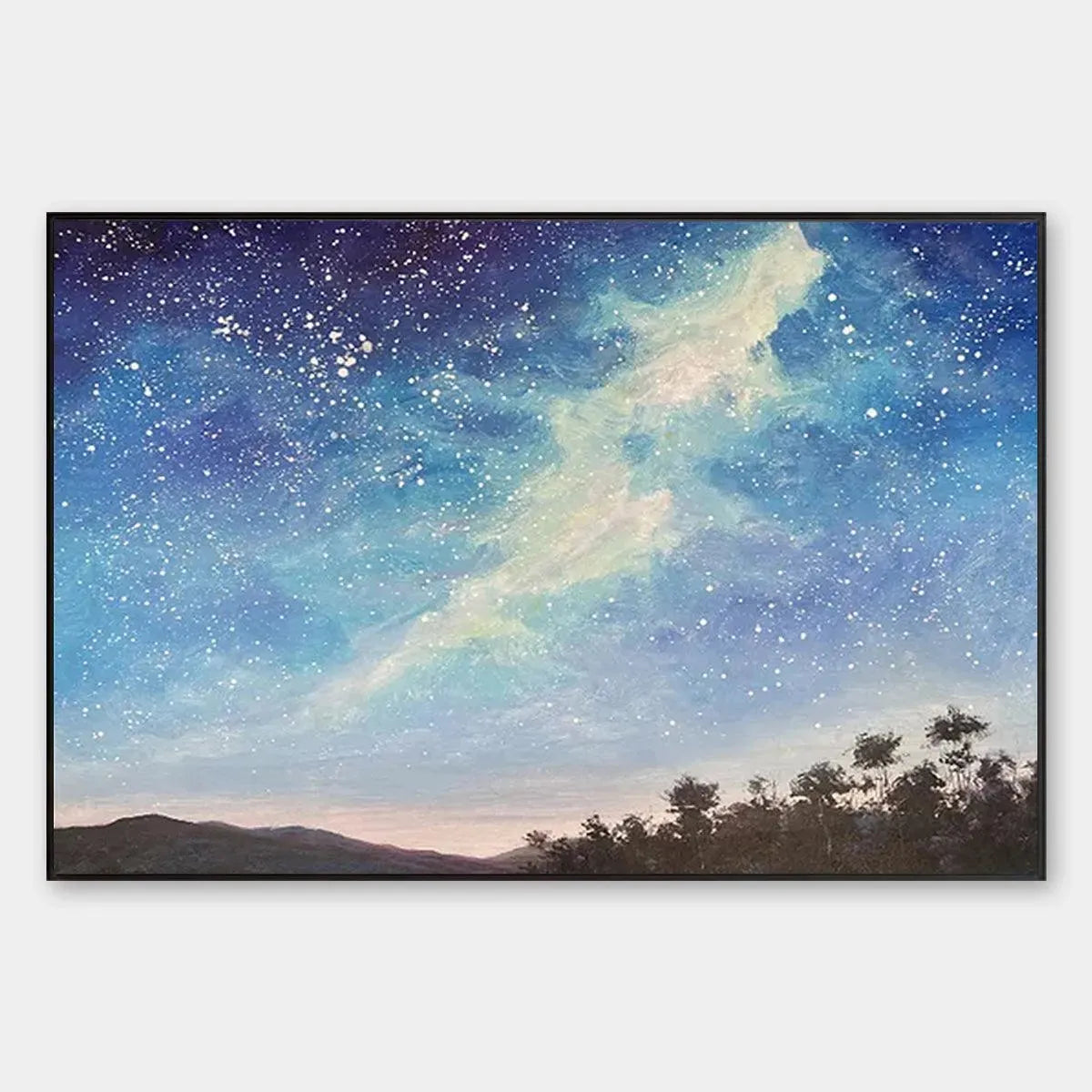 Nightscape Painting, Starry Sky Wall Art, Panoramic Landscape, Horizontal Canvas