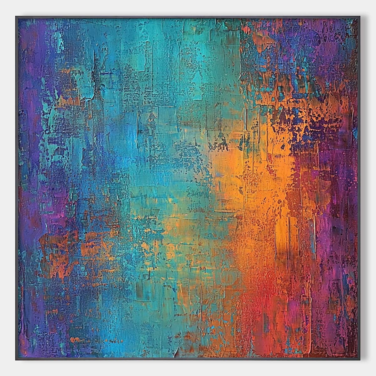 Celestial Fusion: Original Textured Abstract Oil Painting - Vibrant Turquoise, Orange, and Purple Wall Art