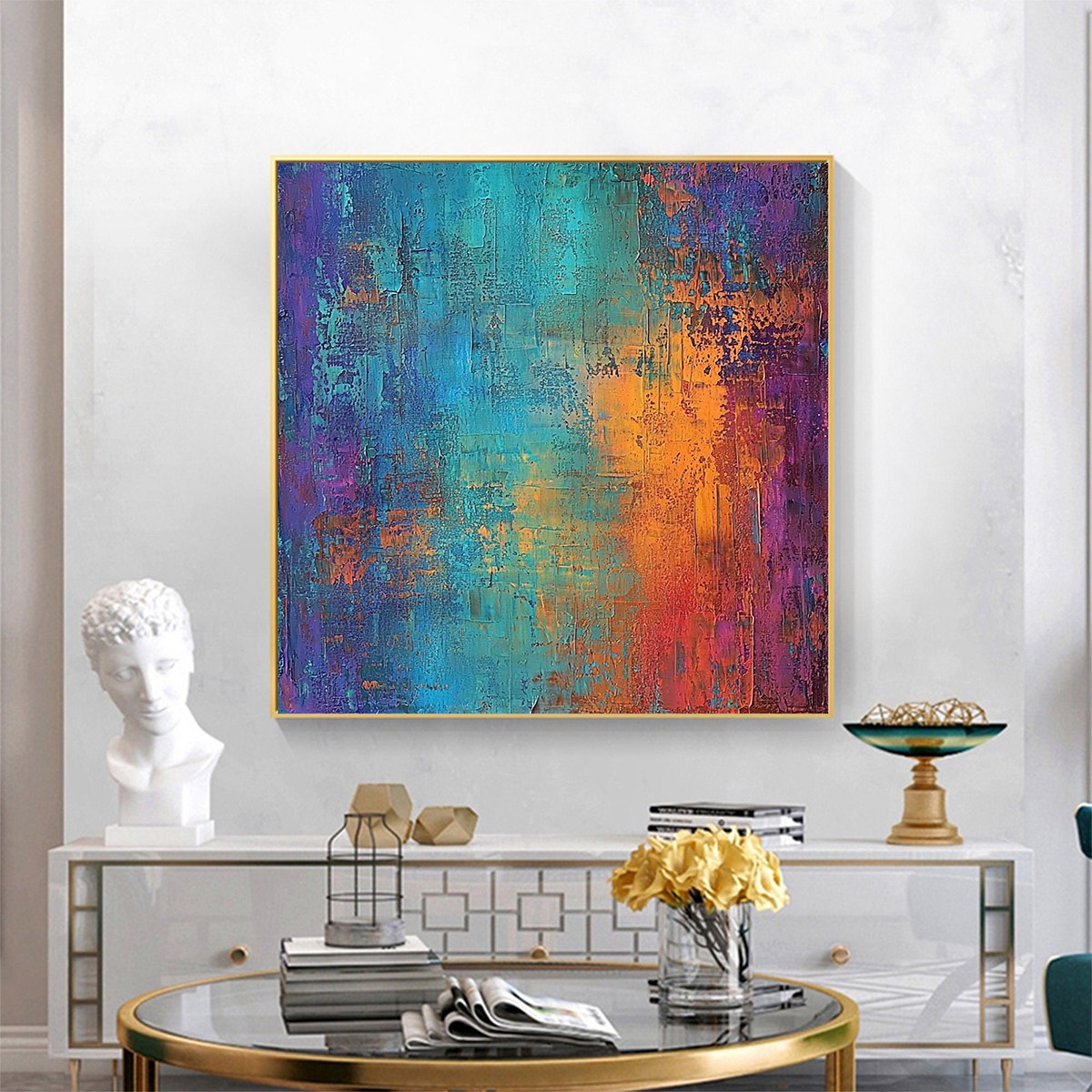 Celestial Fusion: Original Textured Abstract Oil Painting - Vibrant Turquoise, Orange, and Purple Wall Art