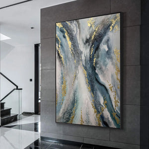 Vertical Abstract Oil Painting with Gold Leaf Accents