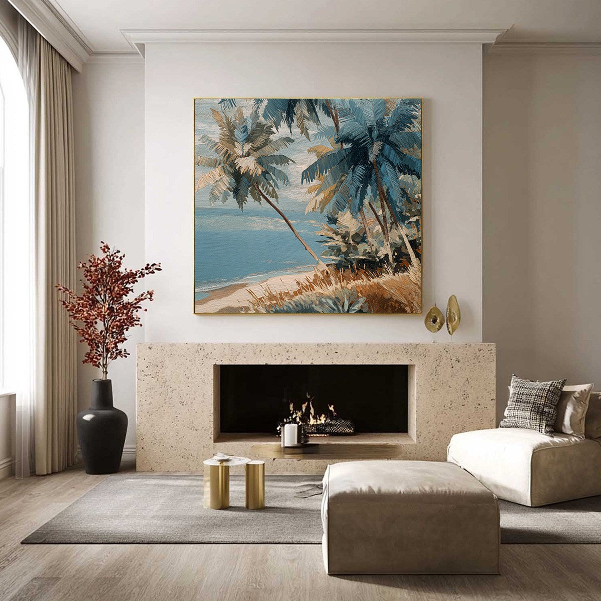 CERULEAN SHORE: Textured Impasto Palm Tree Beach Painting
