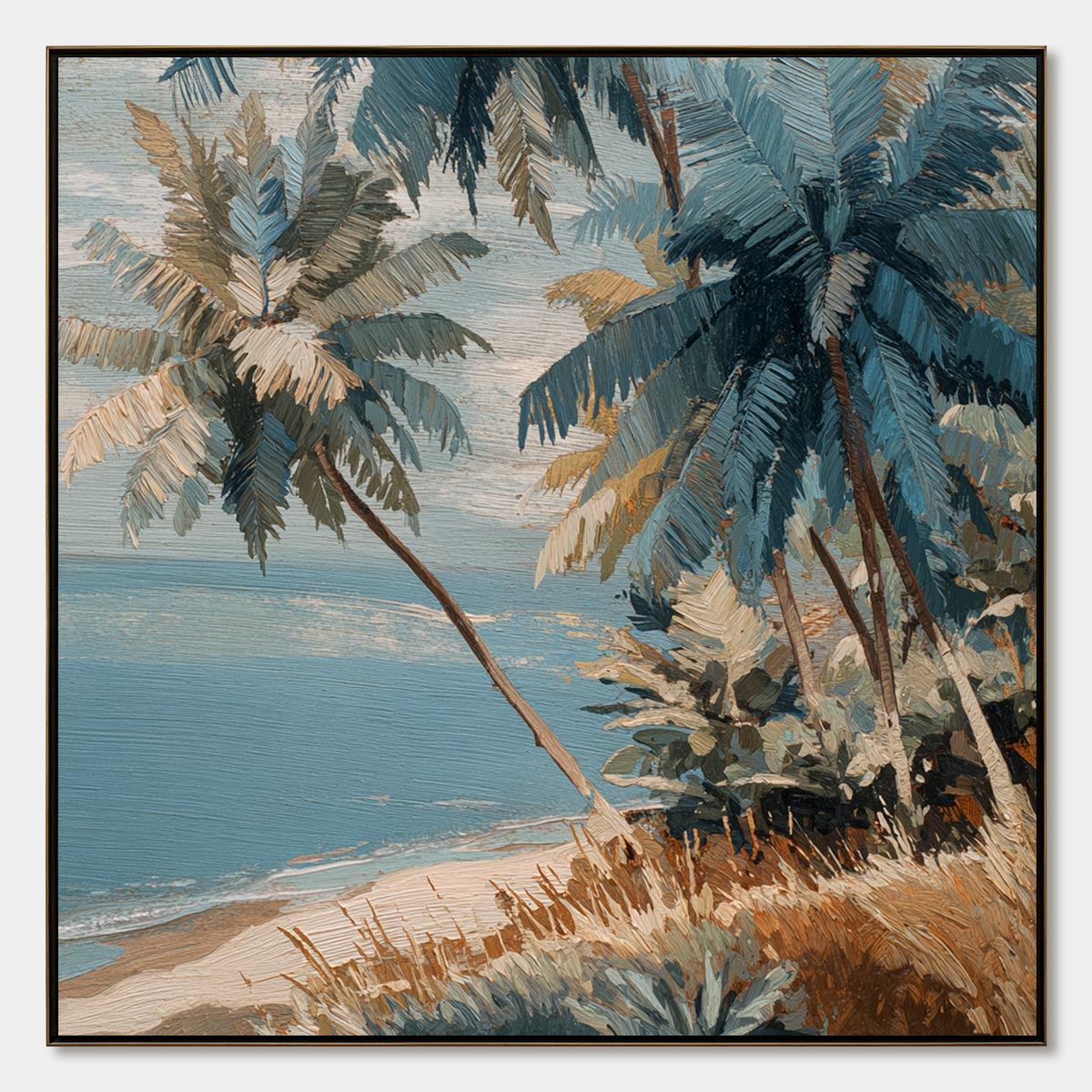 CERULEAN SHORE: Textured Impasto Palm Tree Beach Painting