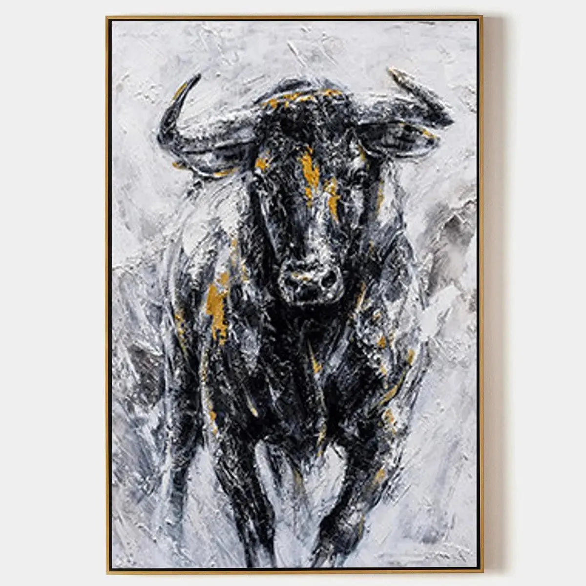 Textured painting of a charging bull with black, white, and gold accents by Ethan Walker. Vertical wall art.