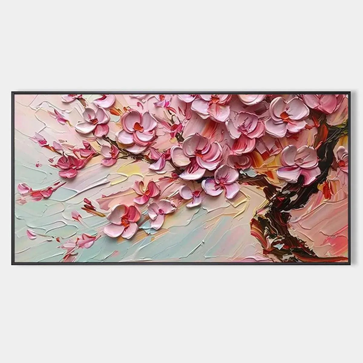 Cherry Blossom Dream painting, Elodie Dubois. Textured impasto cherry blossoms. Pink blossoms, romantic wall art.