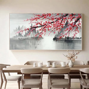 Chen Liu's Cherry Blossom Serenity horizontal painting with pink blossoms over misty mountains and serene water.
