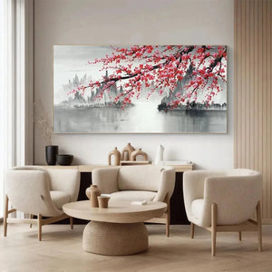Horizontal Cherry Blossom Serenity painting by Chen Liu with pink blossoms over misty mountains and calm water.