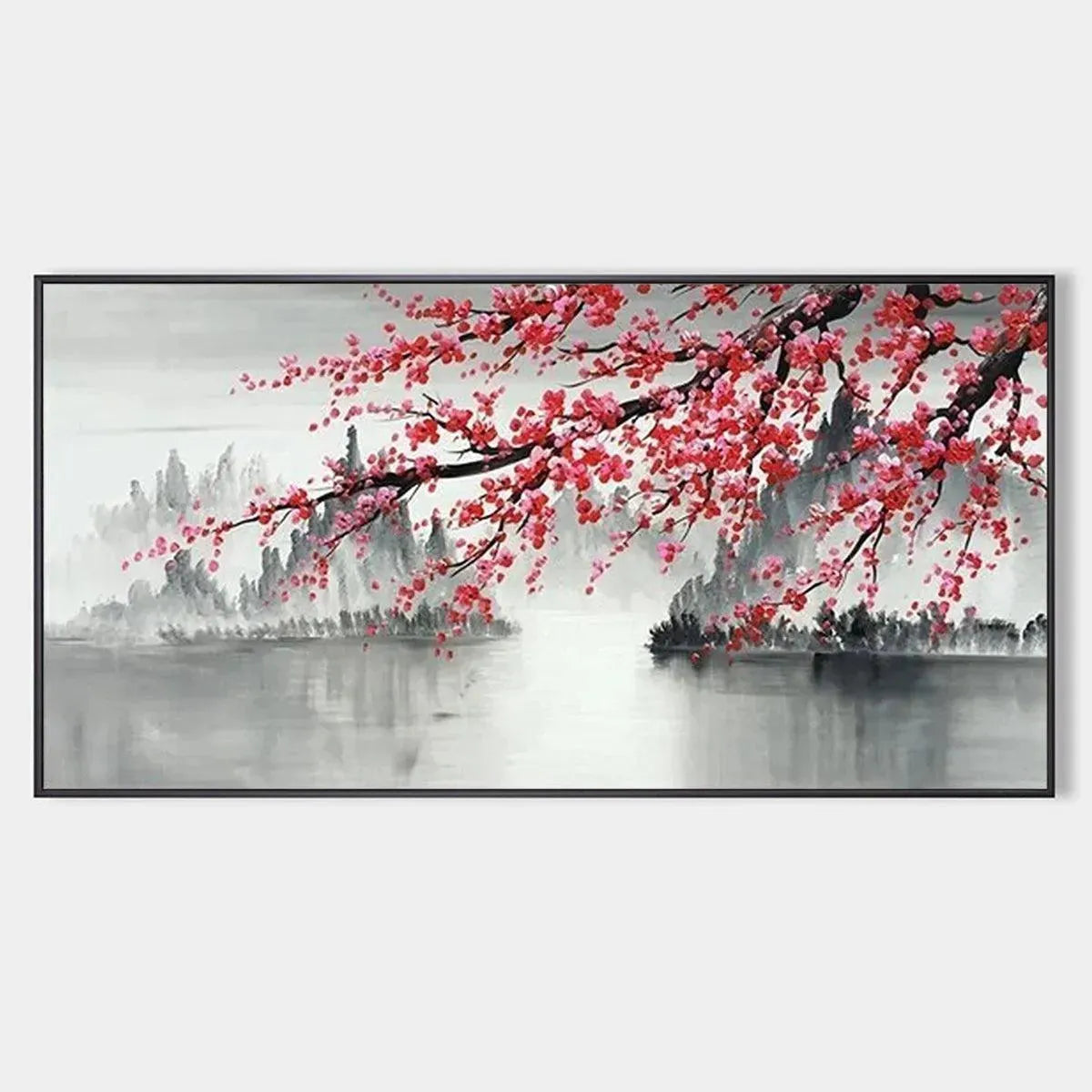 Horizontal Cherry Blossom Serenity painting by Chen Liu with pink blossoms over misty mountains and calm water.