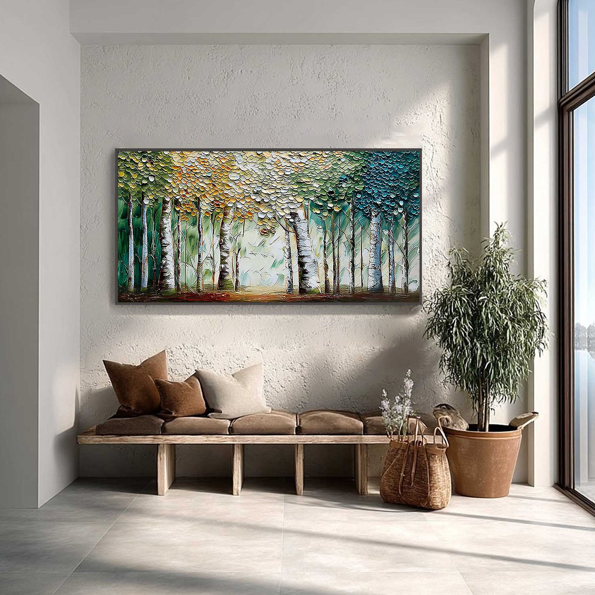 CHROMA GROVE: Panoramic Textured Impasto Birch Tree Forest Painting
