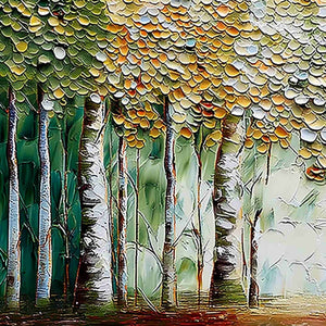 CHROMA GROVE: Panoramic Textured Impasto Birch Tree Forest Painting