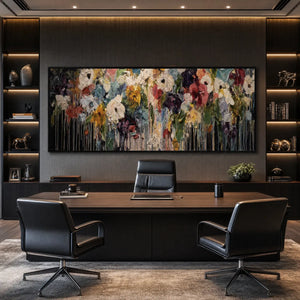 Colorful abstract floral oil painting with heavy texture and drips in modern office