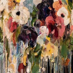Colorful abstract floral oil painting with thick texture and paint drips