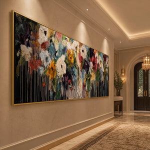 Large colorful abstract floral oil painting in gold frame for modern luxury wall art