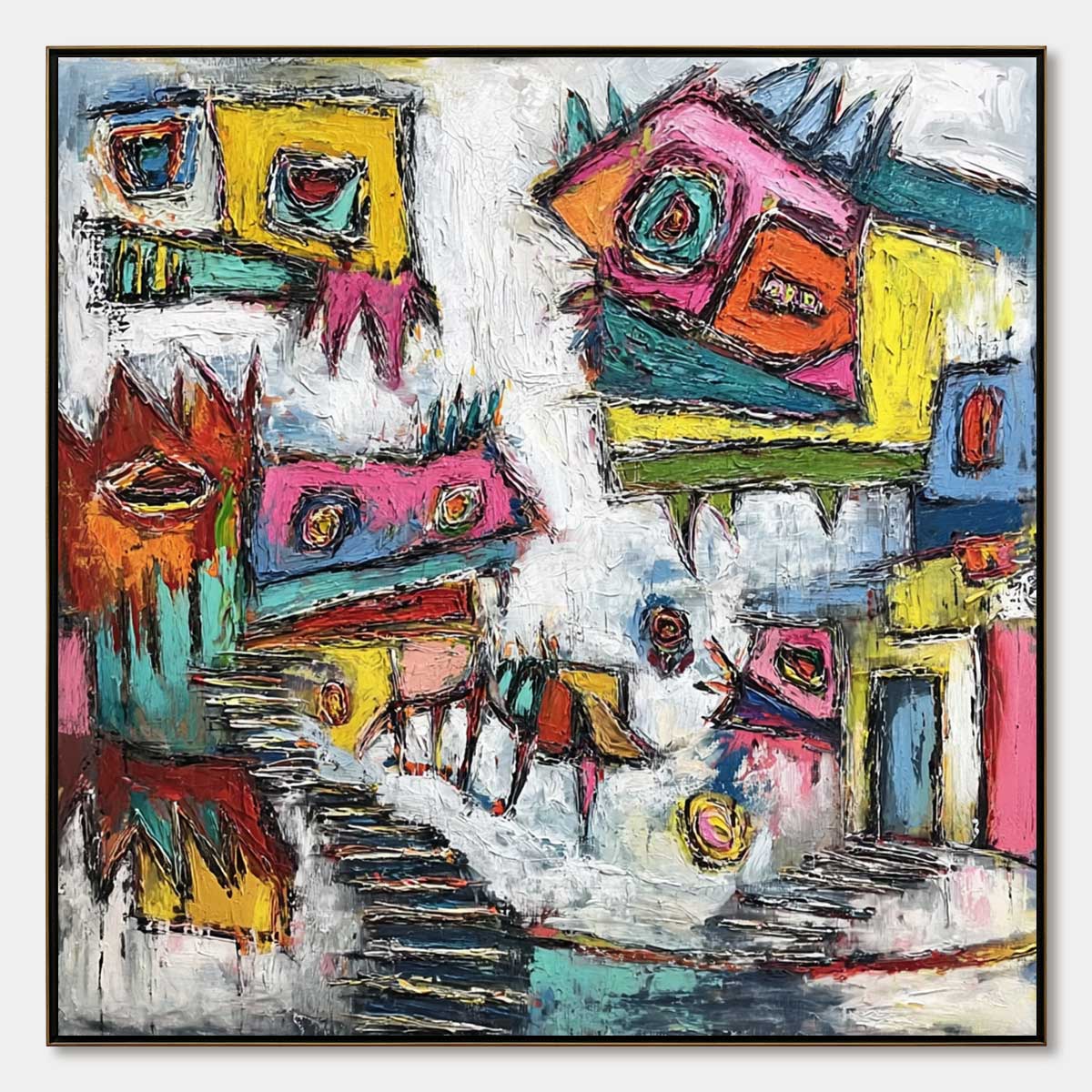 CHROMATIC RIOT: Large Colorful Textured Abstract Cityscape Painting